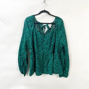 2/$30 AVA VIV 2X Plus Womens Emerald Green Printed Long Sleeve Smocked Blouse
